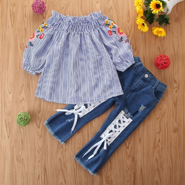 Floral ripped lace-up jeans set