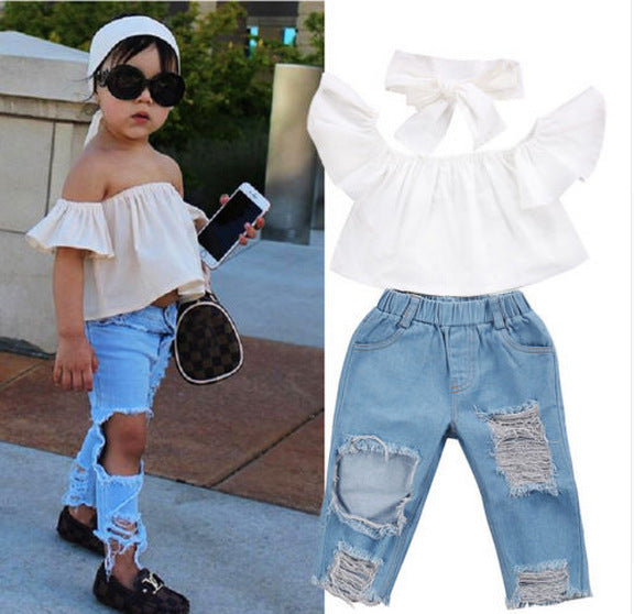 Girl's Hole Jeans White Top 3 Piece Set 1